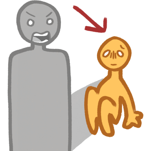 A large angry grey figure. in their shadow crouches a small yellow scared figure with a red arrow pointing to them